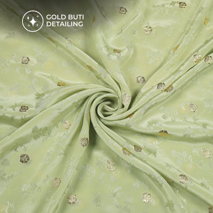 Plain Green Tea Golden Booti Floral Jacquard Work Bemberg Silk Fabric