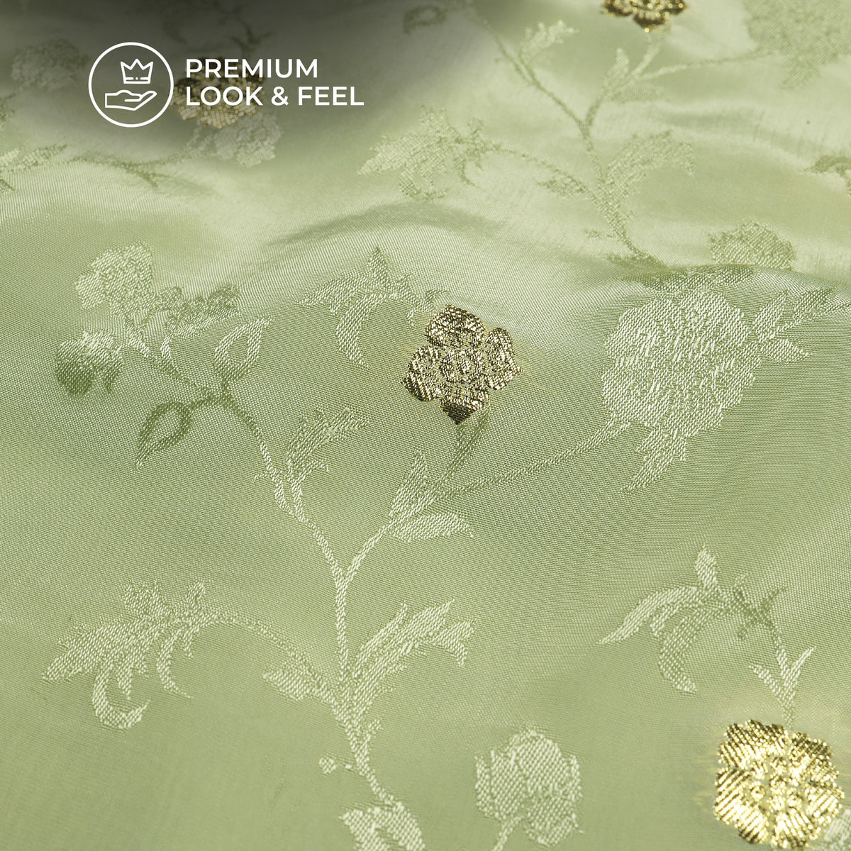 Plain Green Tea Golden Booti Floral Jacquard Work Bemberg Silk Fabric