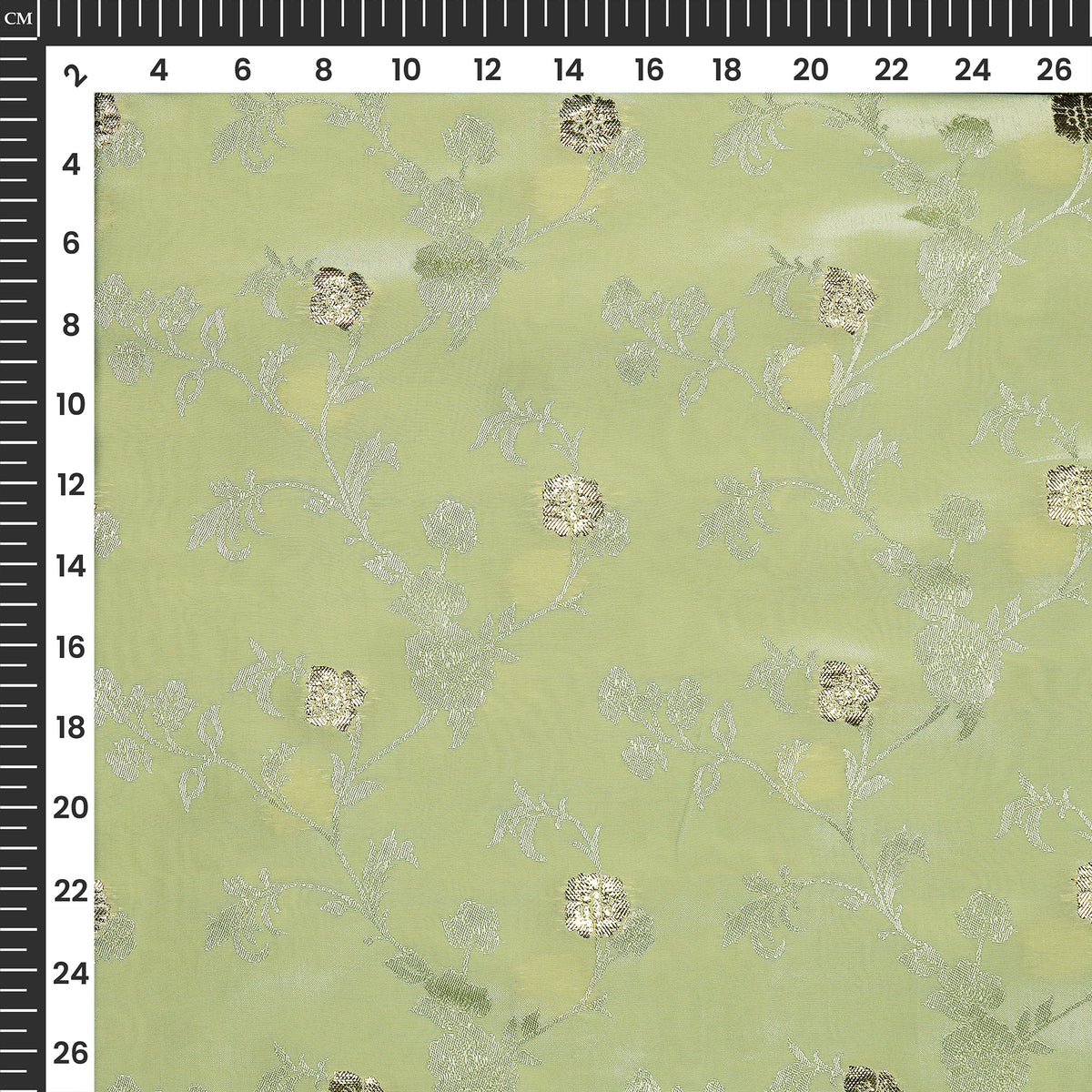 Plain Green Tea Golden Booti Floral Jacquard Work Bemberg Silk Fabric