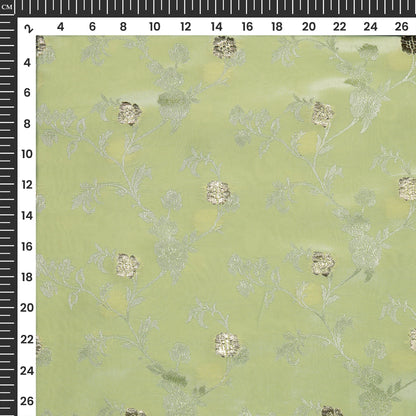 Plain Green Tea Golden Booti Floral Jacquard Work Bemberg Silk Fabric