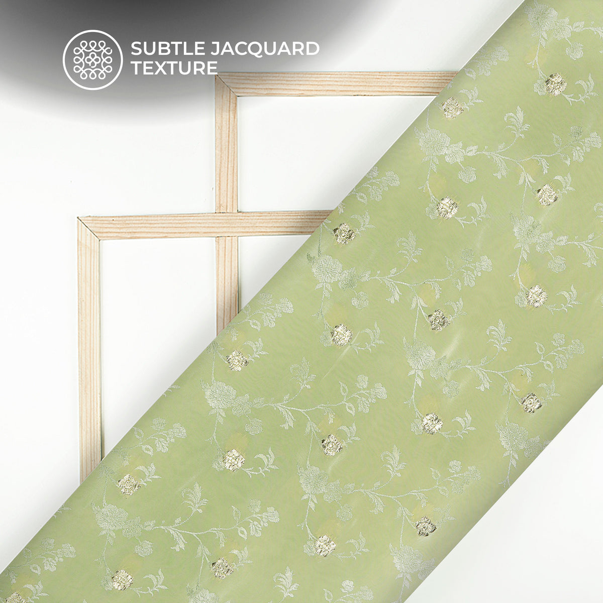 Plain Green Tea Golden Booti Floral Jacquard Work Bemberg Silk Fabric