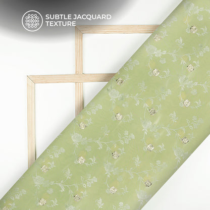 Plain Green Tea Golden Booti Floral Jacquard Work Bemberg Silk Fabric