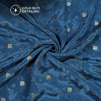 Plain  Navy Blue Golden Booti Floral Jacquard Work Bemberg Silk Fabric