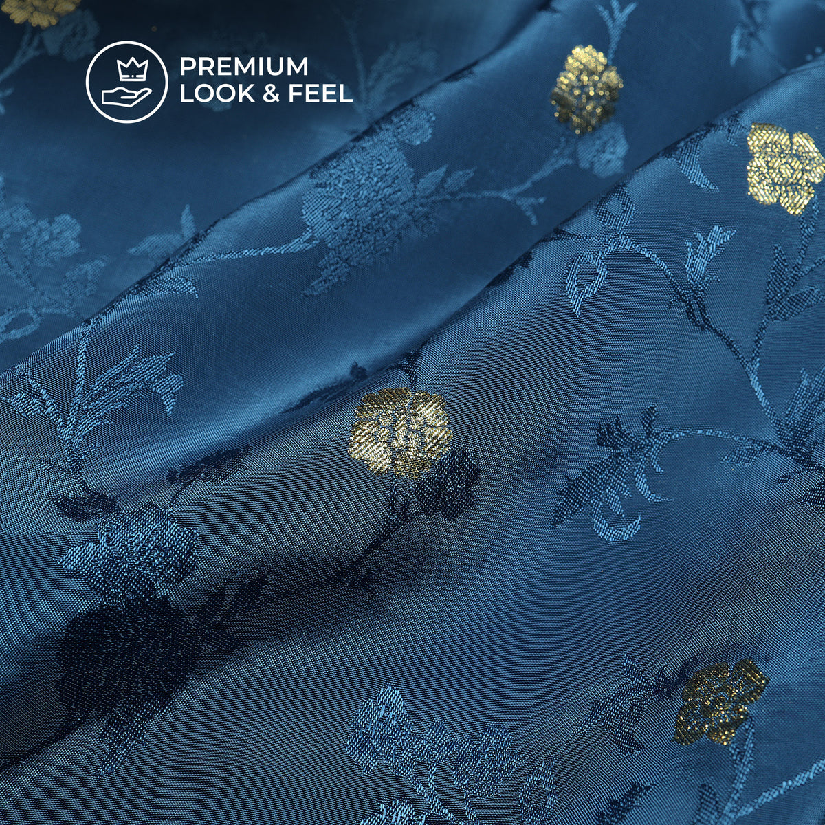 Plain  Navy Blue Golden Booti Floral Jacquard Work Bemberg Silk Fabric