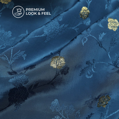 Plain  Navy Blue Golden Booti Floral Jacquard Work Bemberg Silk Fabric