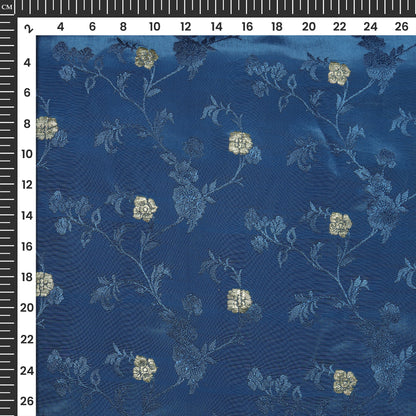 Plain  Navy Blue Golden Booti Floral Jacquard Work Bemberg Silk Fabric