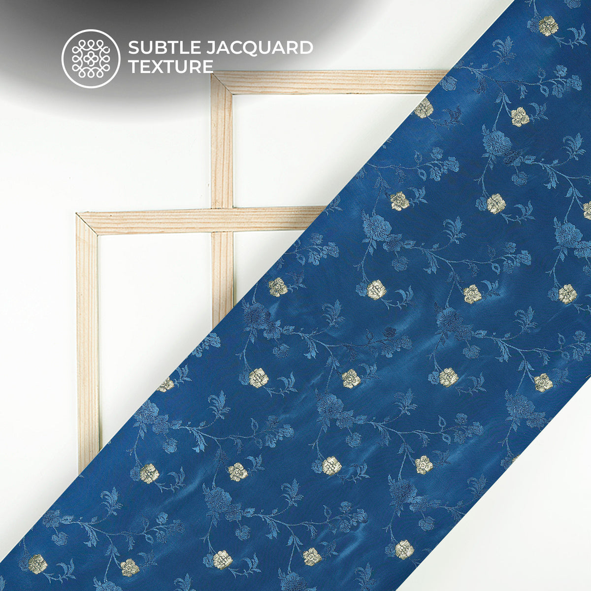 Plain  Navy Blue Golden Booti Floral Jacquard Work Bemberg Silk Fabric