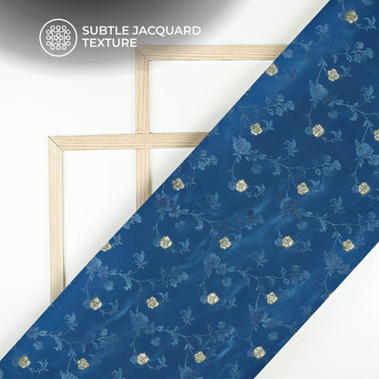 Plain  Navy Blue Golden Booti Floral Jacquard Work Bemberg Silk Fabric