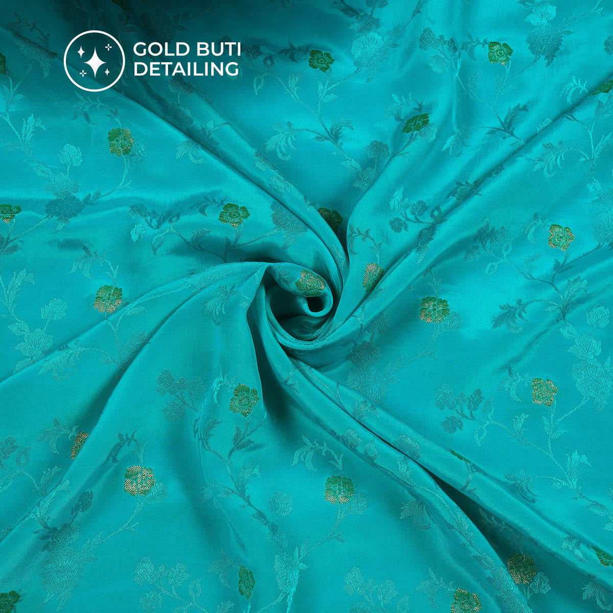 Plain Aqua  Golden Booti Floral Jacquard Work Bemberg Silk Fabric