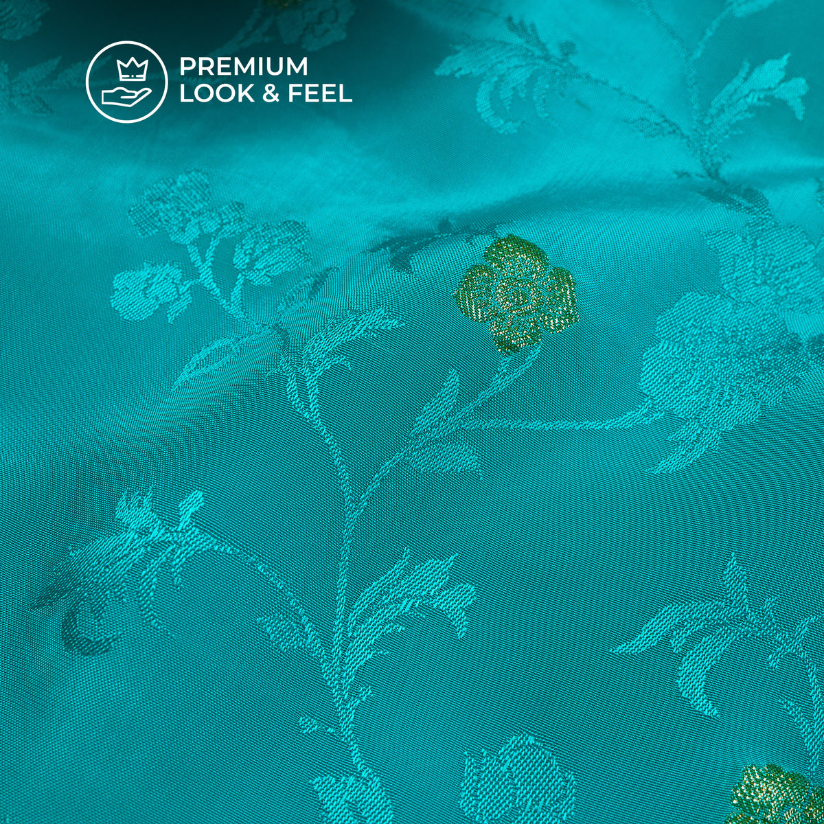 Plain Aqua  Golden Booti Floral Jacquard Work Bemberg Silk Fabric