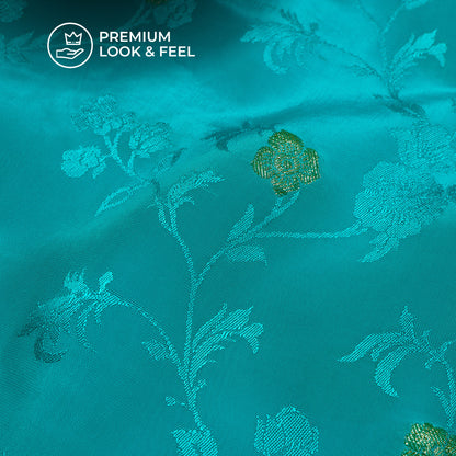 Plain Aqua  Golden Booti Floral Jacquard Work Bemberg Silk Fabric