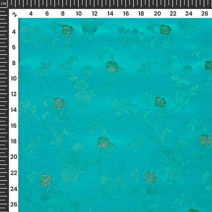 Plain Aqua  Golden Booti Floral Jacquard Work Bemberg Silk Fabric