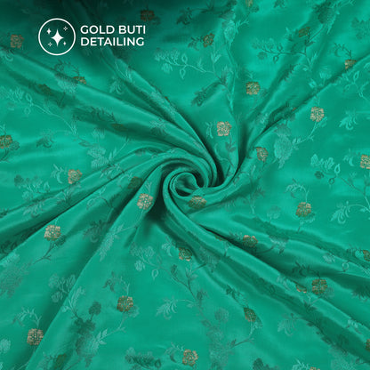 Plain Aqua Green Golden Booti Floral Jacquard Work Bemberg Silk Fabric