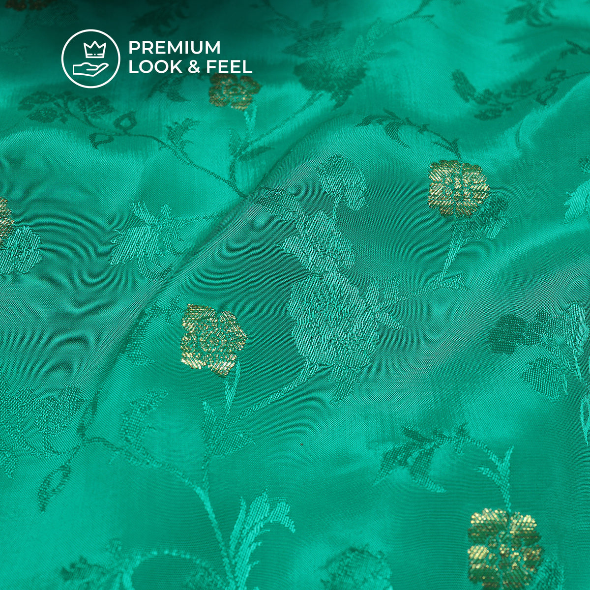 Plain Aqua Green Golden Booti Floral Jacquard Work Bemberg Silk Fabric