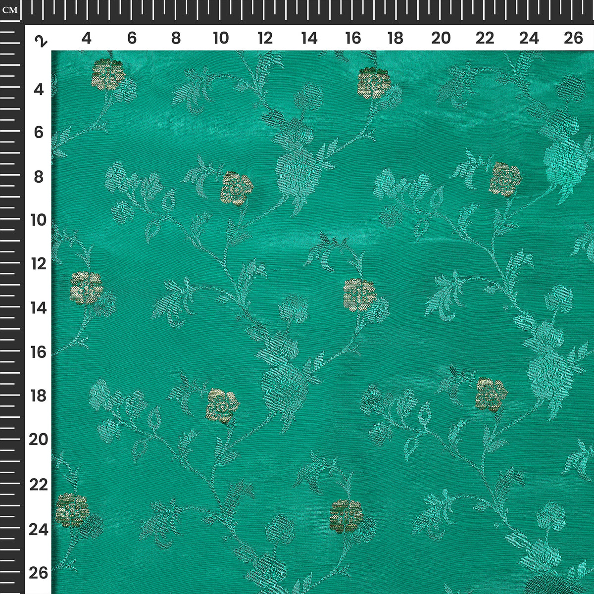 Plain Aqua Green Golden Booti Floral Jacquard Work Bemberg Silk Fabric