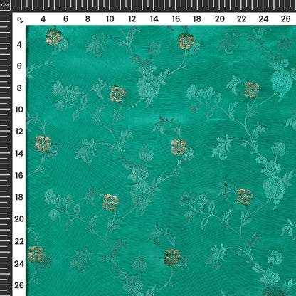 Plain Aqua Green Golden Booti Floral Jacquard Work Bemberg Silk Fabric
