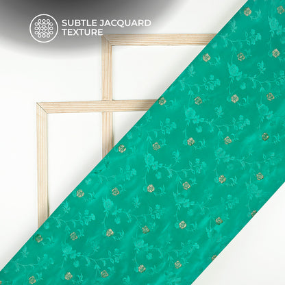 Plain Aqua Green Golden Booti Floral Jacquard Work Bemberg Silk Fabric