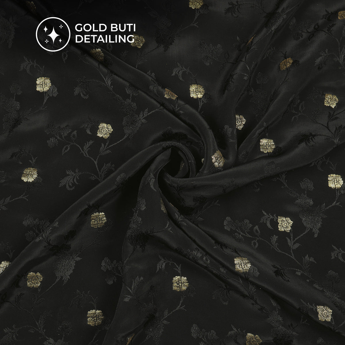 Plain Black Golden Booti Floral Jacquard Work Bemberg Silk Fabric
