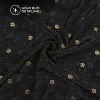 Plain Black Golden Booti Floral Jacquard Work Bemberg Silk Fabric