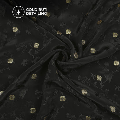 Plain Black Golden Booti Floral Jacquard Work Bemberg Silk Fabric