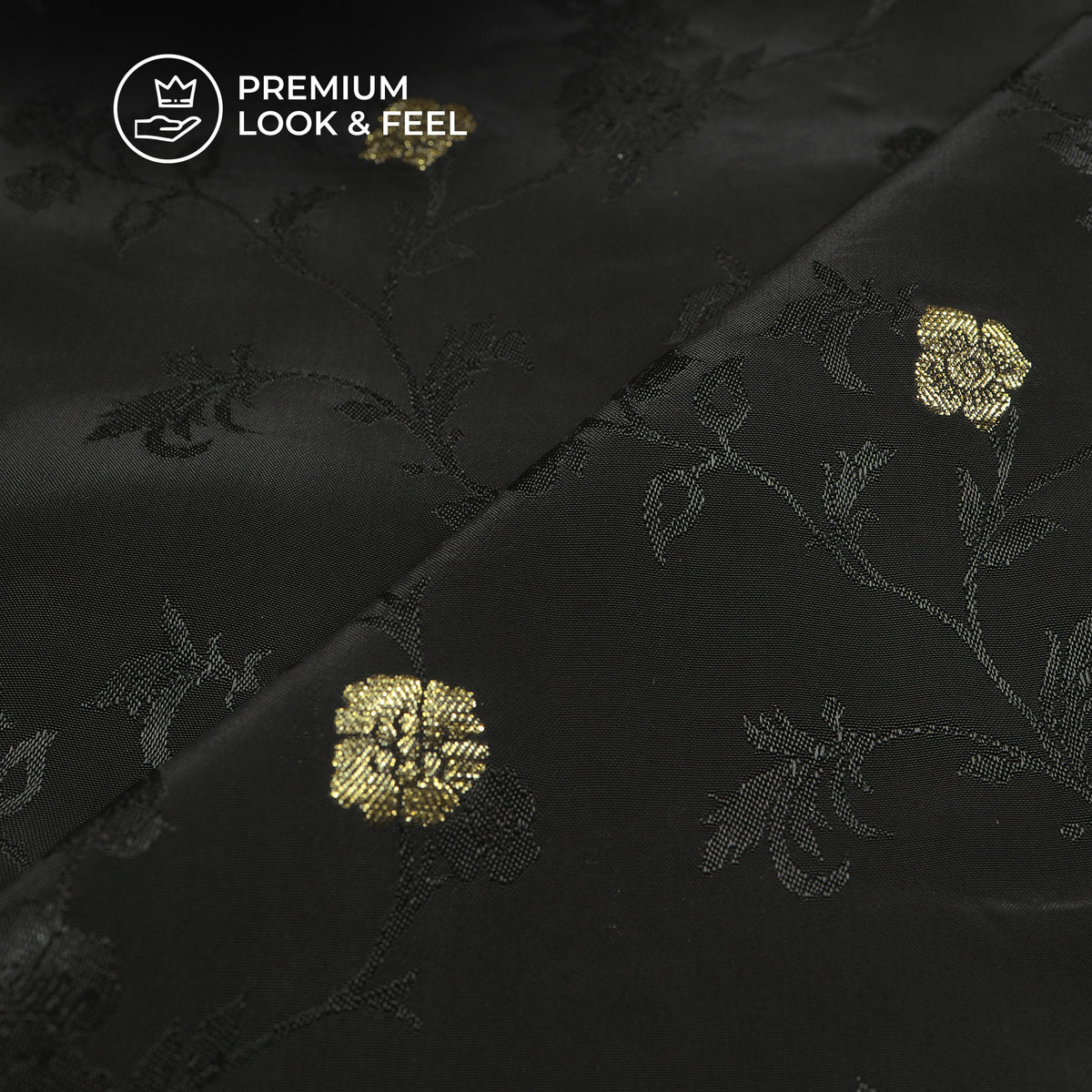 Plain Black Golden Booti Floral Jacquard Work Bemberg Silk Fabric