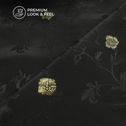 Plain Black Golden Booti Floral Jacquard Work Bemberg Silk Fabric