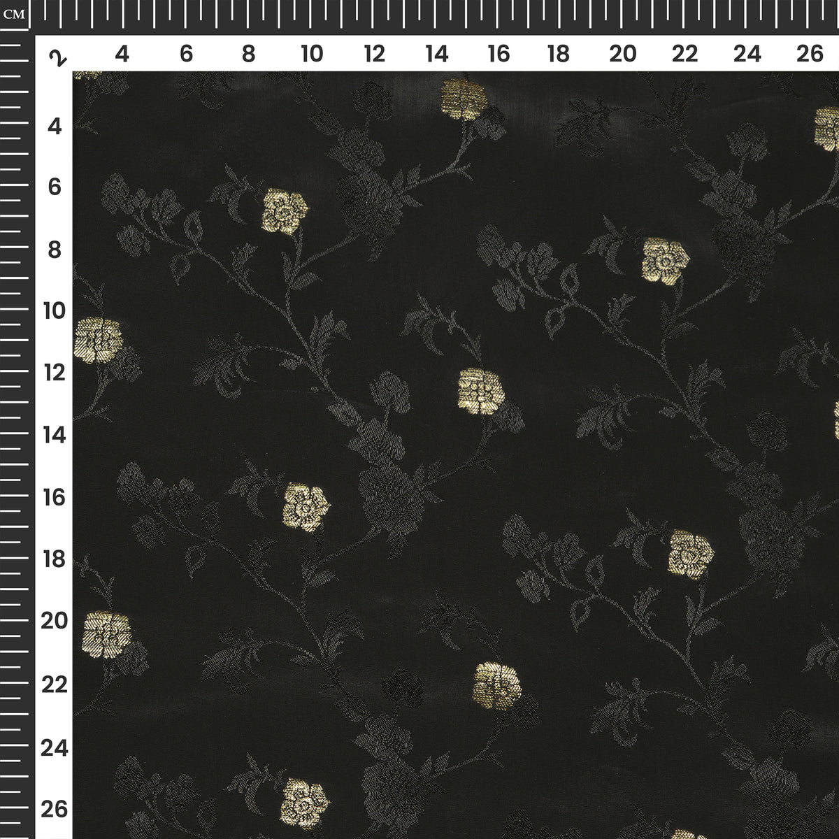 Plain Black Golden Booti Floral Jacquard Work Bemberg Silk Fabric