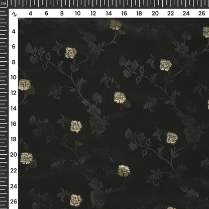 Plain Black Golden Booti Floral Jacquard Work Bemberg Silk Fabric