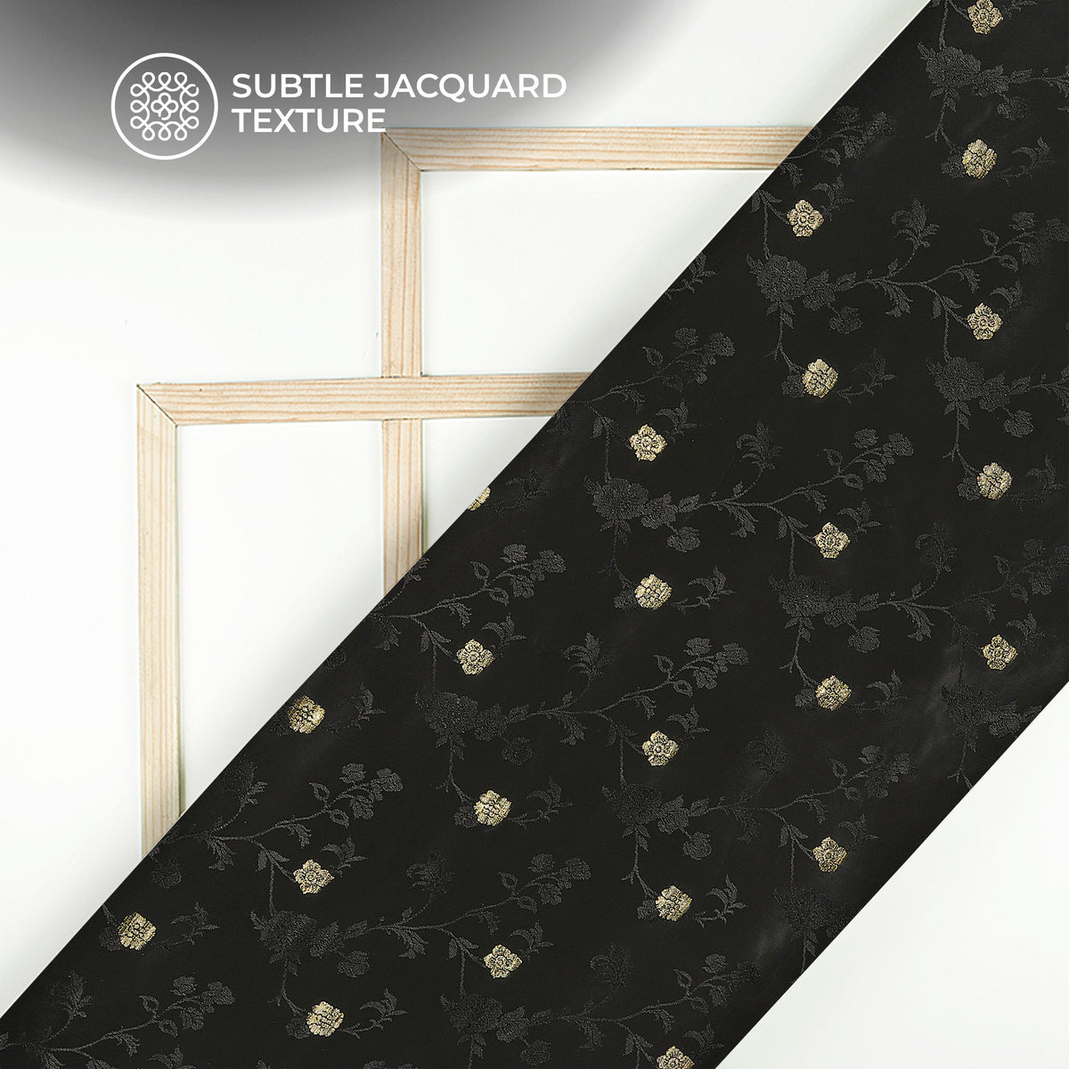 Plain Black Golden Booti Floral Jacquard Work Bemberg Silk Fabric