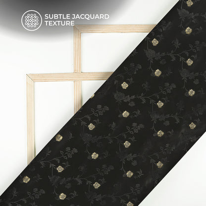 Plain Black Golden Booti Floral Jacquard Work Bemberg Silk Fabric