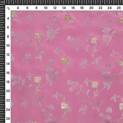 Plain Baby Pink Golden Booti Floral Jacquard Work Bemberg Silk Fabric