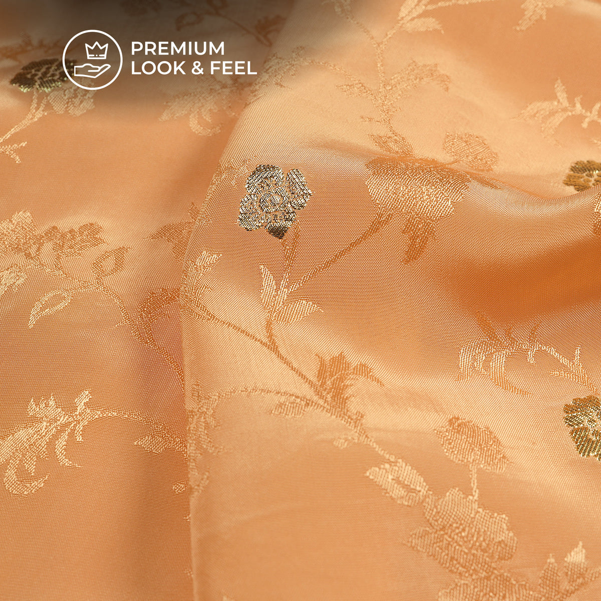 Plain Apricot  Golden Booti Floral Jacquard Work Bemberg Silk Fabric