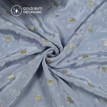 Plain Blue-Gray Golden Booti Floral Jacquard Work Bemberg Silk Fabric