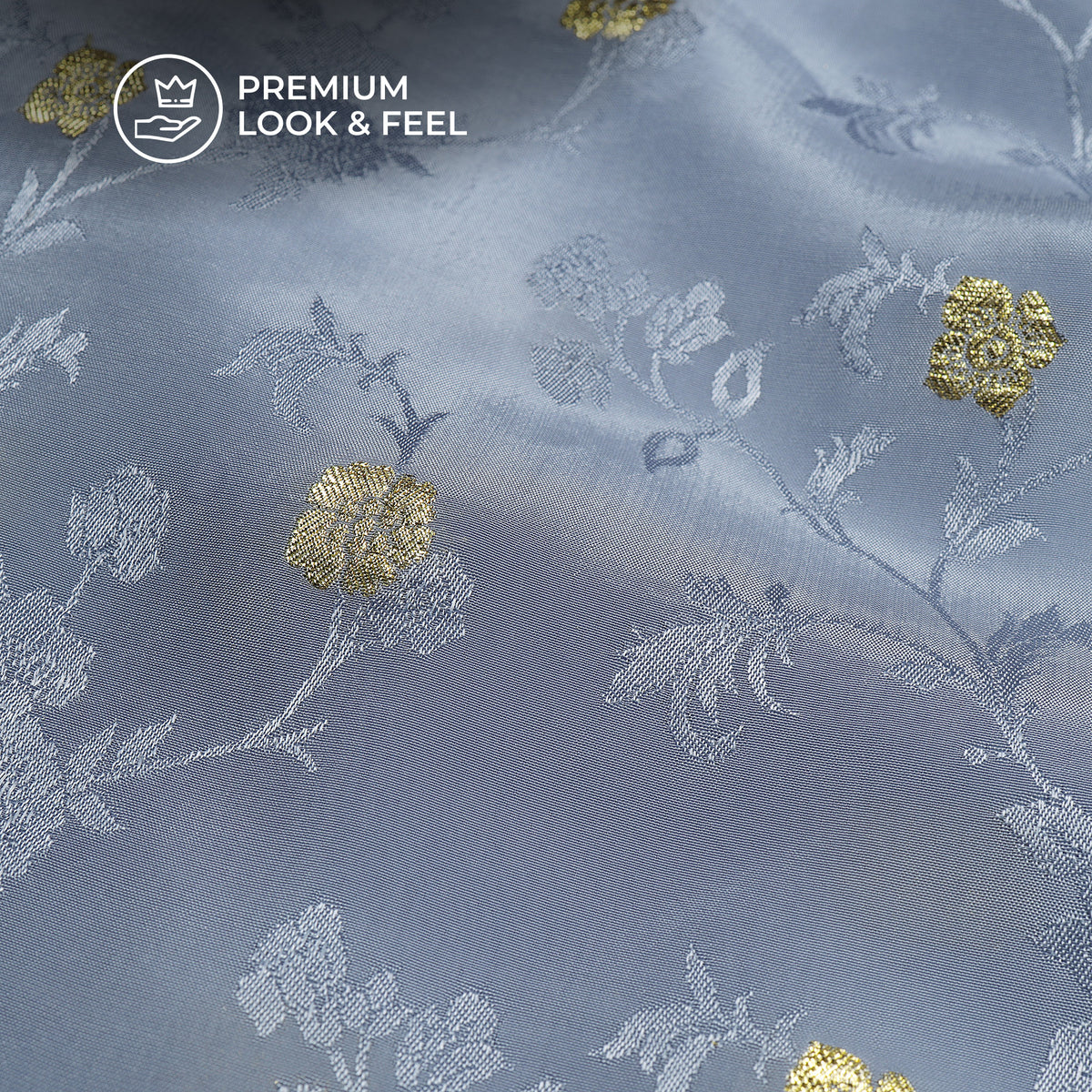 Plain Blue-Gray Golden Booti Floral Jacquard Work Bemberg Silk Fabric