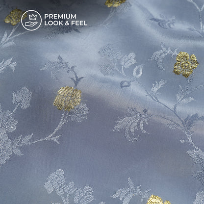 Plain Blue-Gray Golden Booti Floral Jacquard Work Bemberg Silk Fabric