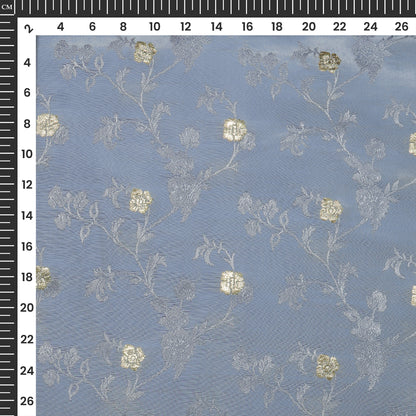 Plain Blue-Gray Golden Booti Floral Jacquard Work Bemberg Silk Fabric