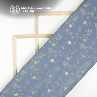 Plain Blue-Gray Golden Booti Floral Jacquard Work Bemberg Silk Fabric