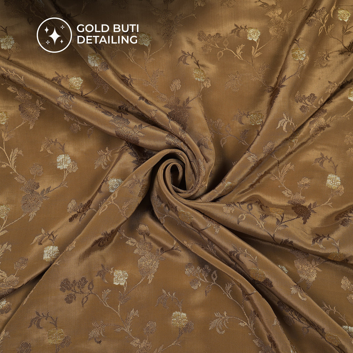 Plain Brown Golden Booti Floral Jacquard Work Bemberg Silk Fabric