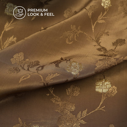 Plain Brown Golden Booti Floral Jacquard Work Bemberg Silk Fabric