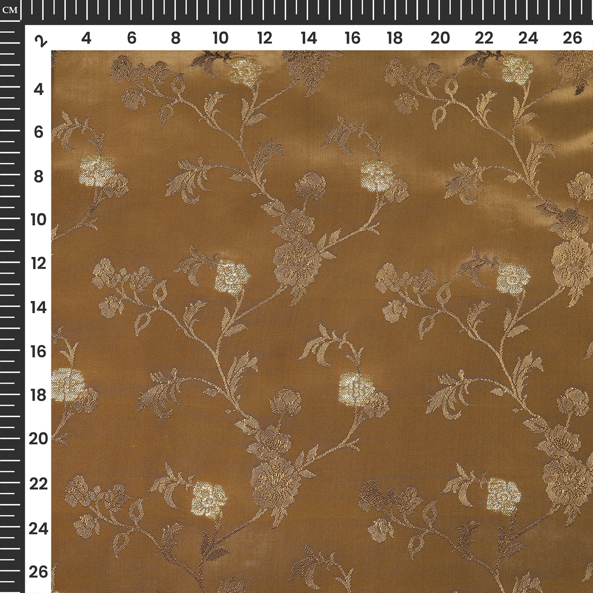 Plain Brown Golden Booti Floral Jacquard Work Bemberg Silk Fabric