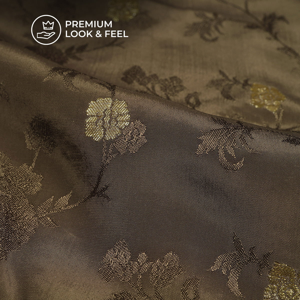 Plain Mocha  Golden Booti Floral Jacquard Work Bemberg Silk Fabric