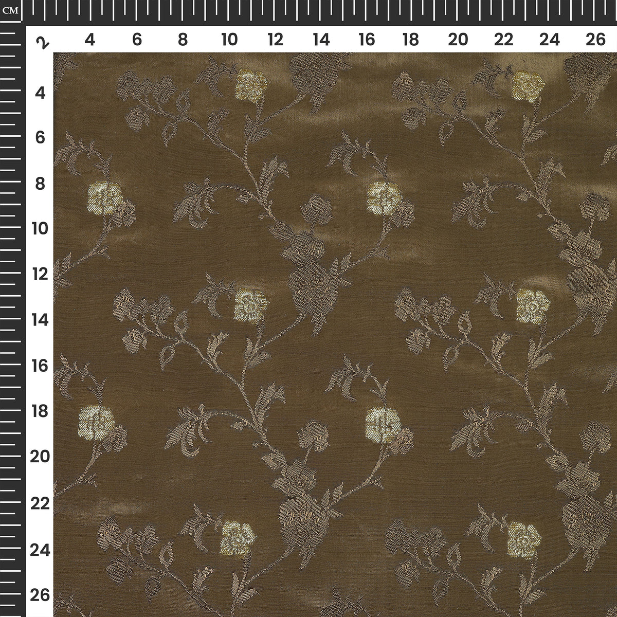 Plain Mocha  Golden Booti Floral Jacquard Work Bemberg Silk Fabric