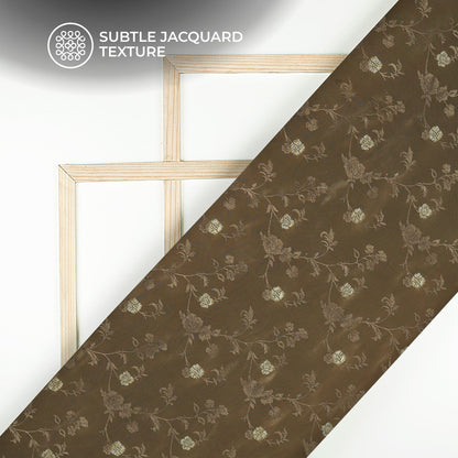 Plain Mocha  Golden Booti Floral Jacquard Work Bemberg Silk Fabric
