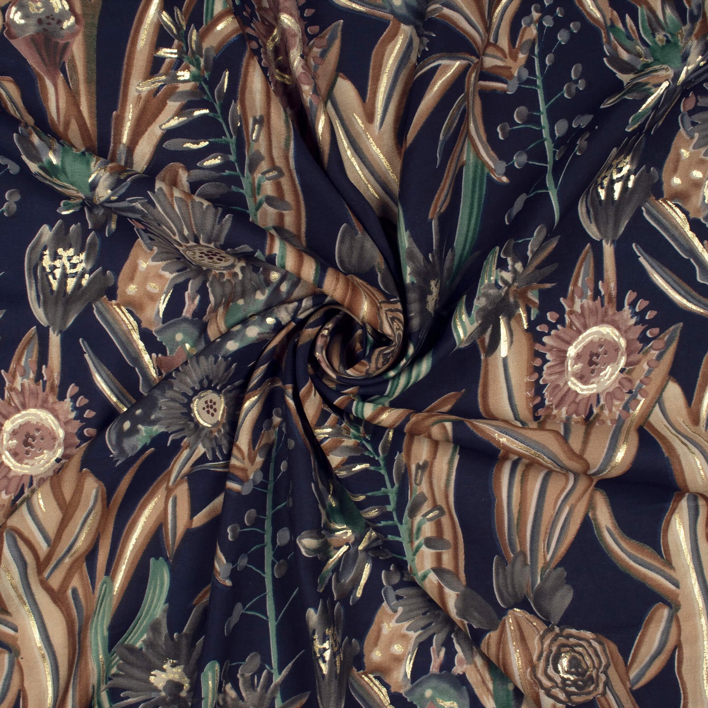 Vintage Floral Gold Foil Work Viscose Fabric