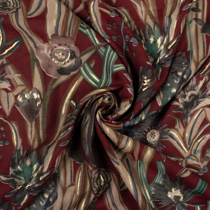 Vintage Floral Gold Foil Work Viscose Fabric
