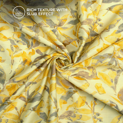 Light Yellow Leaf Gold Foil Work Royal Slub Silk Fabric