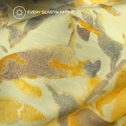 Light Yellow Leaf Gold Foil Work Royal Slub Silk Fabric