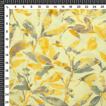 Light Yellow Leaf Gold Foil Work Royal Slub Silk Fabric