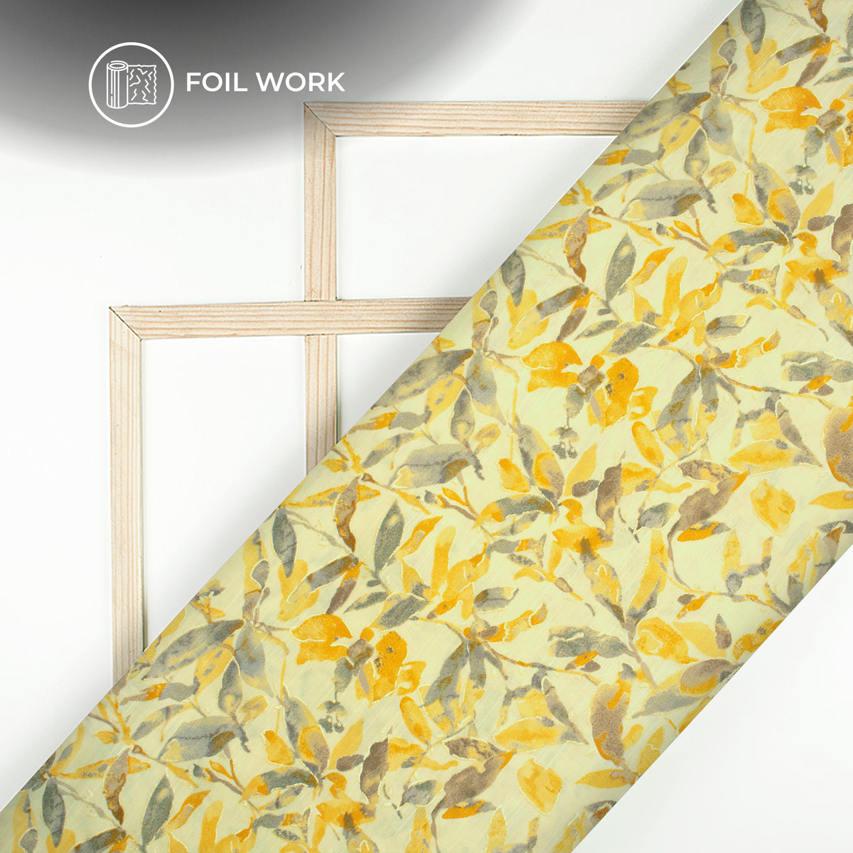 Light Yellow Leaf Gold Foil Work Royal Slub Silk Fabric