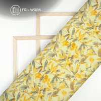 Light Yellow Leaf Gold Foil Work Royal Slub Silk Fabric